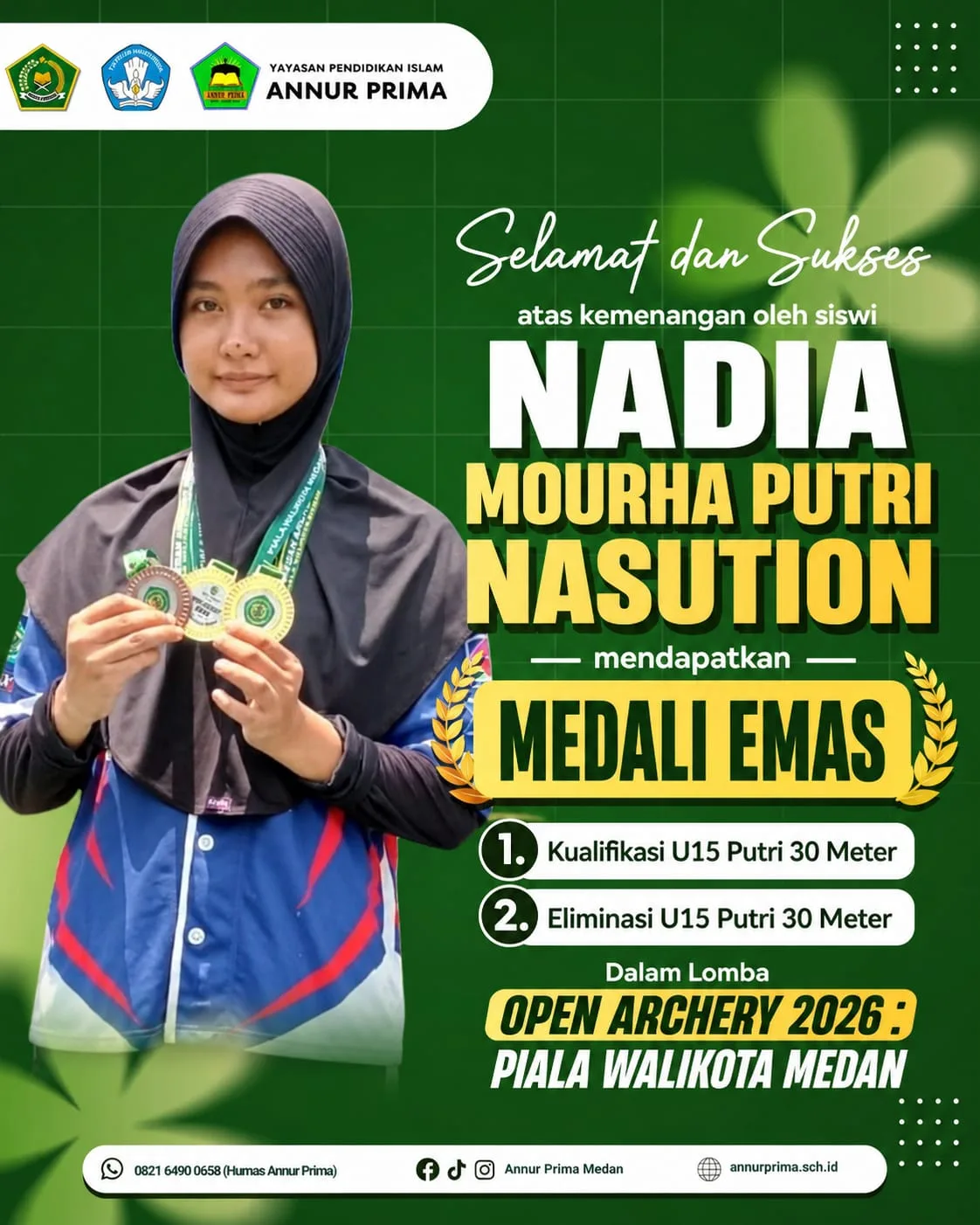 Mourha Putri Nasution yang berhasil meraih Medali Emas 🥇 dalam ajang Open Archery 2026 – Piala Wali Kota Medan.
