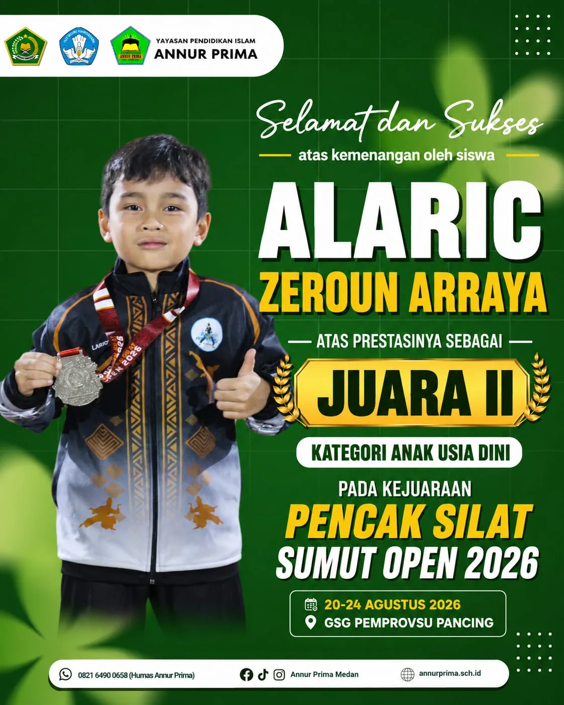 laric Zeroun Arraya, siswa MIS Kelas 2C Reguler, atas prestasinya meraih Juara II Kategori Anak Usia Dini dalam Kejuaraan Pencak Silat SUMUT OPEN 2026! 🥈🥋
