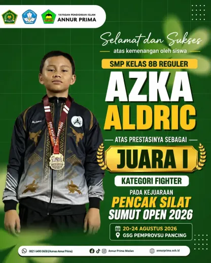 AZKA ALDRIC Siswa SMP Kelas 8B Reguler  Atas prestasinya meraih JUARA I – Kategori Fighter pada Kejuaraan Pencak Silat SUMUT OPEN 2026 🏆